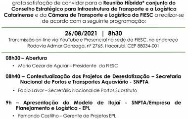 Reunião Híbrida* conjunta do Conselho Estratégico para Infraestrutura de Transporte e a Logística Catarinense e da Câmara de Transporte e Logística da FIESC 