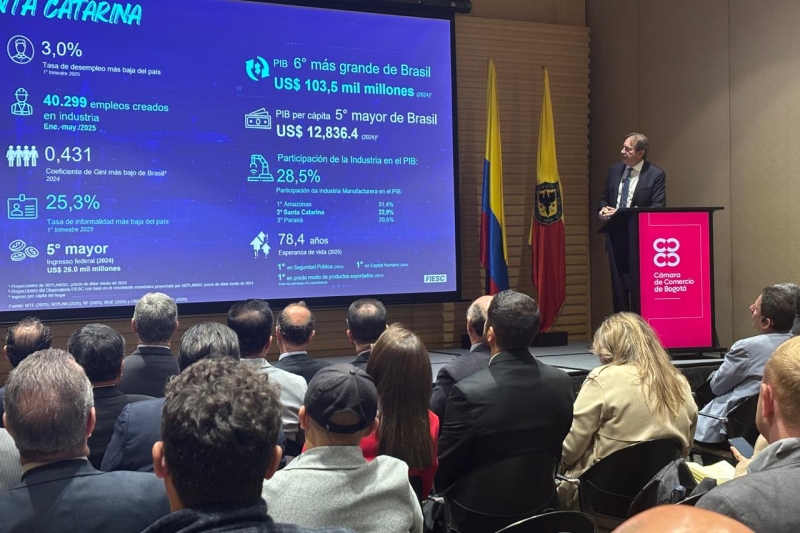 Apresentação do presidente da FIESC para empresários, instituições e agentes governamentais destaca diferenciais de SC (Foto: FIESC/Ana Roieski)